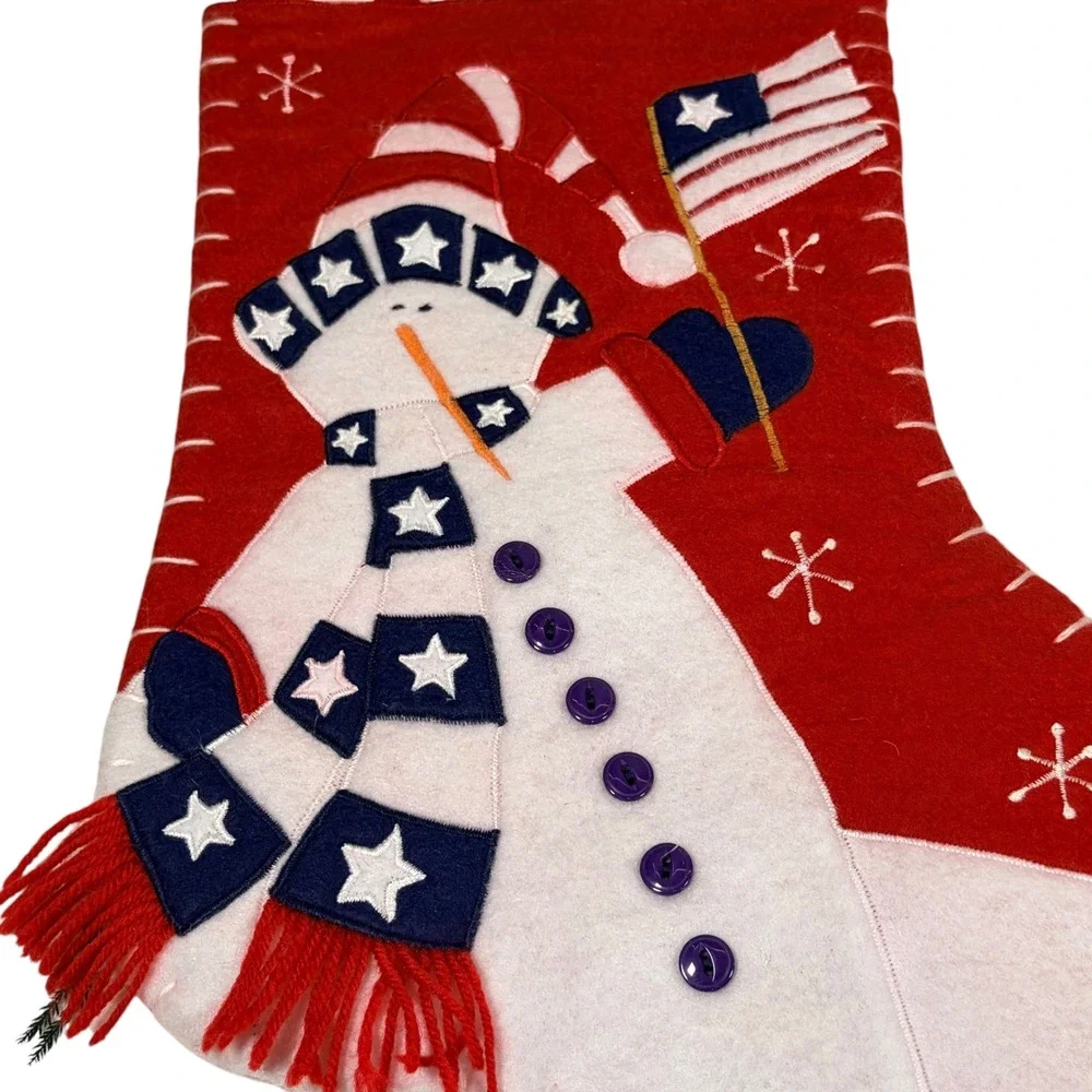 VTG 90s Patriotic Snowman Christmas Stocking Red Felt Americana Stars Stripes